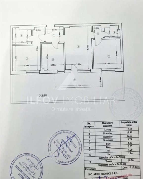 Apartament 3 camere 74.76mp curte 46mp 2 bai Otopeni parcul Unirii