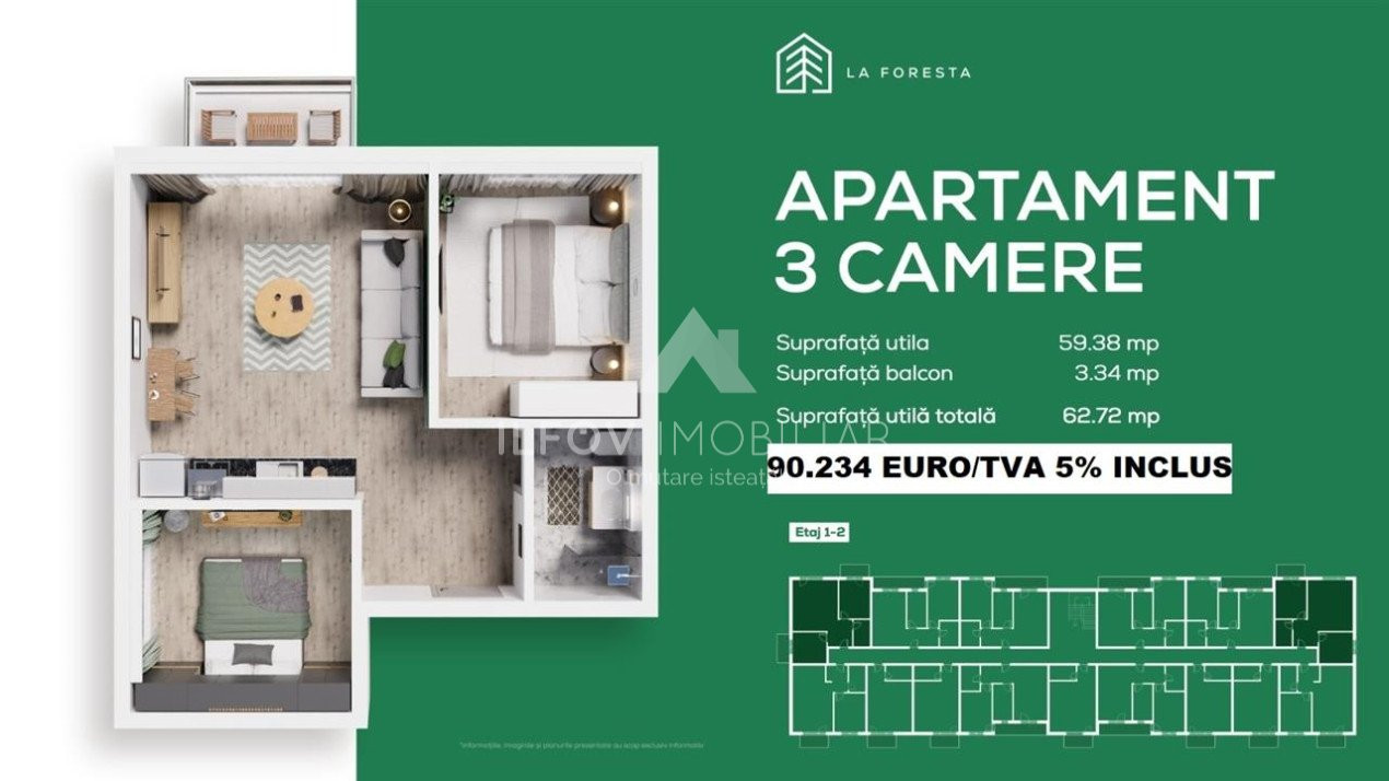 Apartamente 3 camere Tunari bloc cu lift langa padure toate utilitatile
